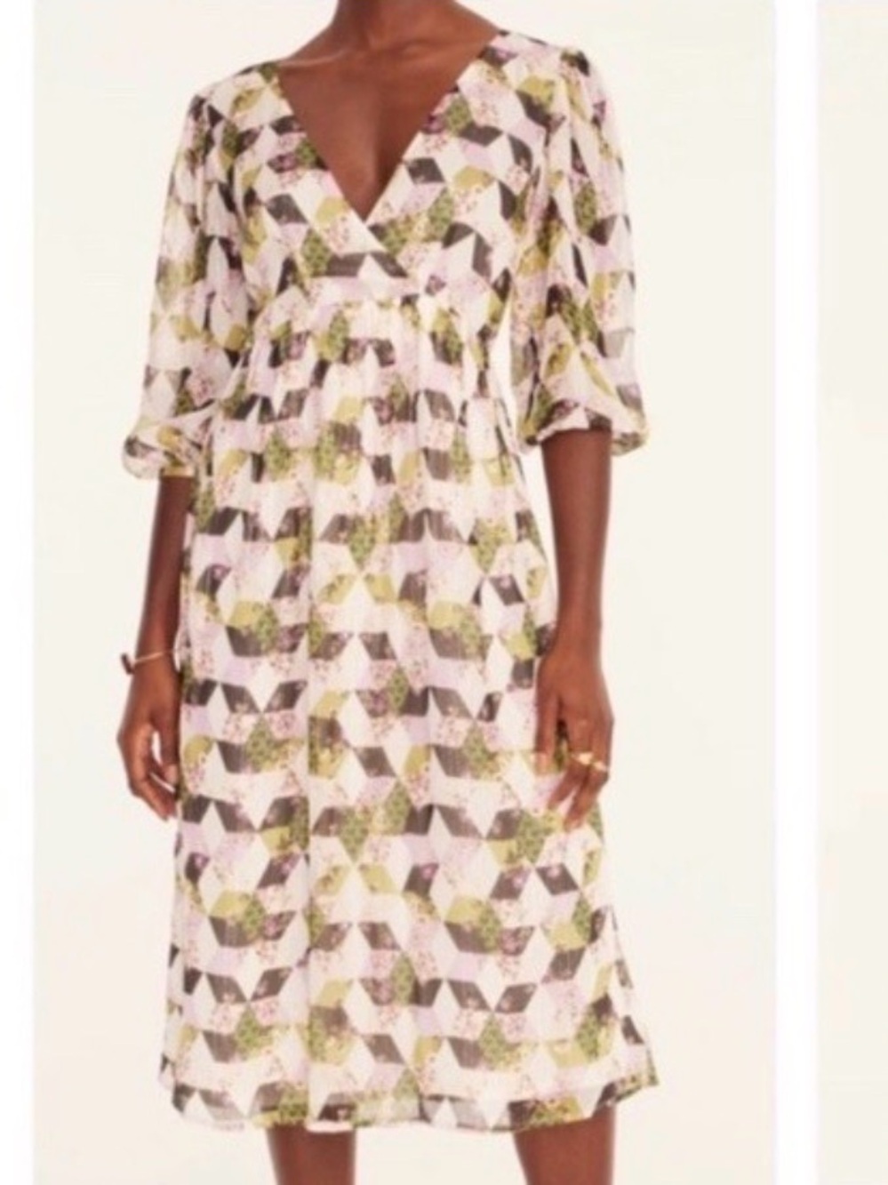 J. Crew Olive Green & Pink Geometric Floral Midi Dress